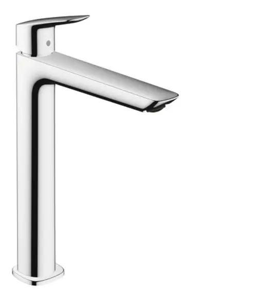 Einhebel-Waschtischmischer aus Chrom von Hansgrohe, geeignet für Aufsatzwaschtische mit Zugstangen-Ablaufgarnitur. Moderner, minimalistischer Designstil.